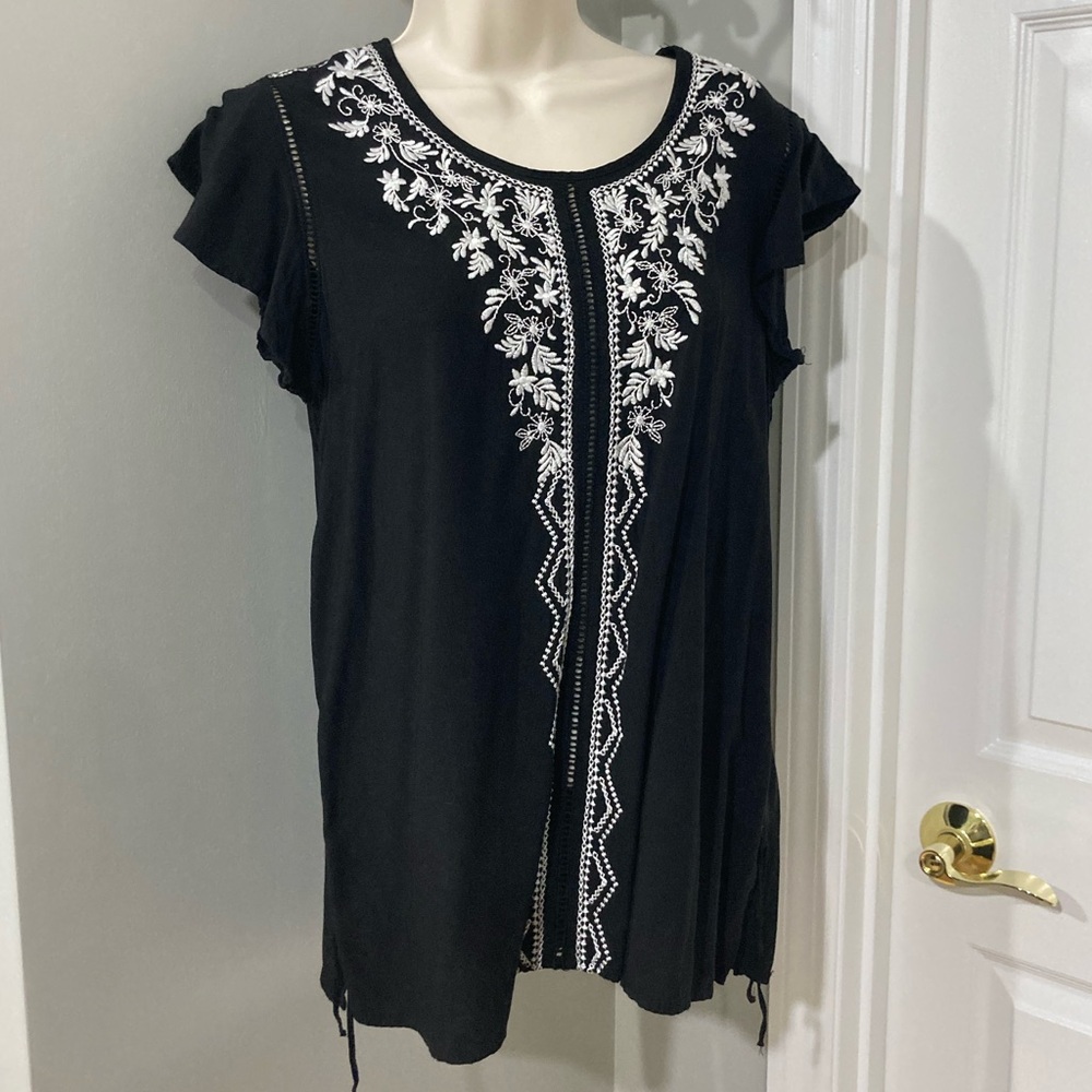 Boho Black Top with Embroidered Peekaboo Detail